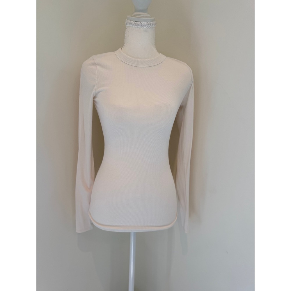 Naked Wardrobe Cream Ribbed Long Sleeve Crew Neck Top Base Layer Small